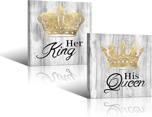 HOMOEART - Decoración de pared de rey y reina, pintura de corona dorada, lienzo impreso para decoración de pared de dormitorio, cuadro enmarcado