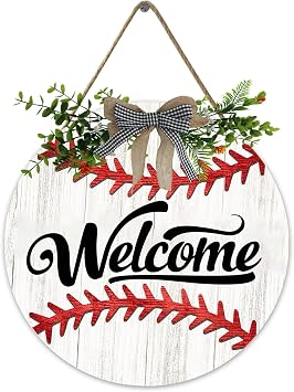 Fenarenes Baseball Door Sign- Front Door Welcome Round Sign- for Home Outdoor Indoor Decoration Wreaths 12 x 12 Inch