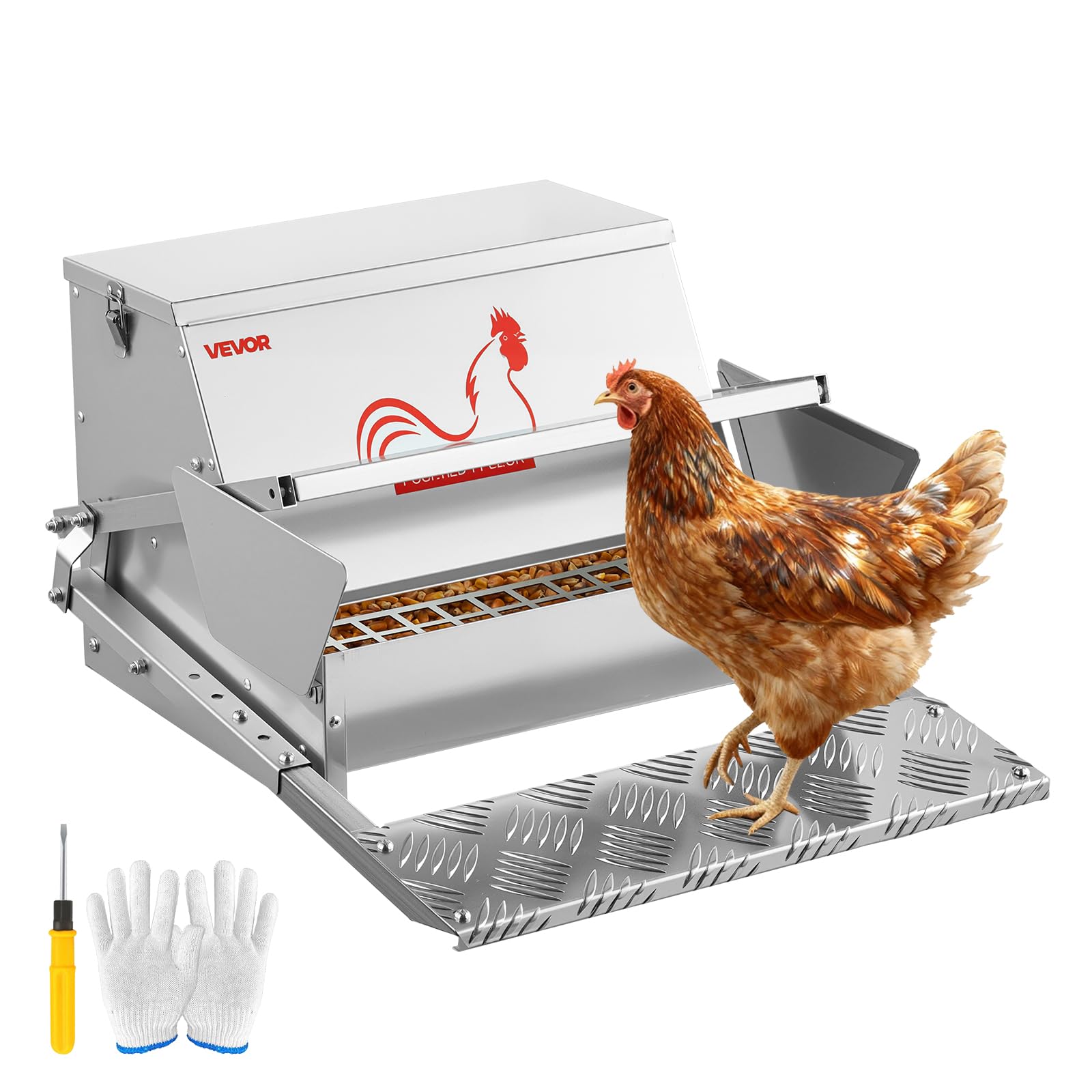 VEVOR Mangeoire Automatique à Pédale pour Poules 11,34 kg Distributeur de Nourriture à Pédale pour Volailles, en Acier Galvanisé, avec Couvercle Verrouillable, Étanche Anti-Gaspillage Anti-Nuisible