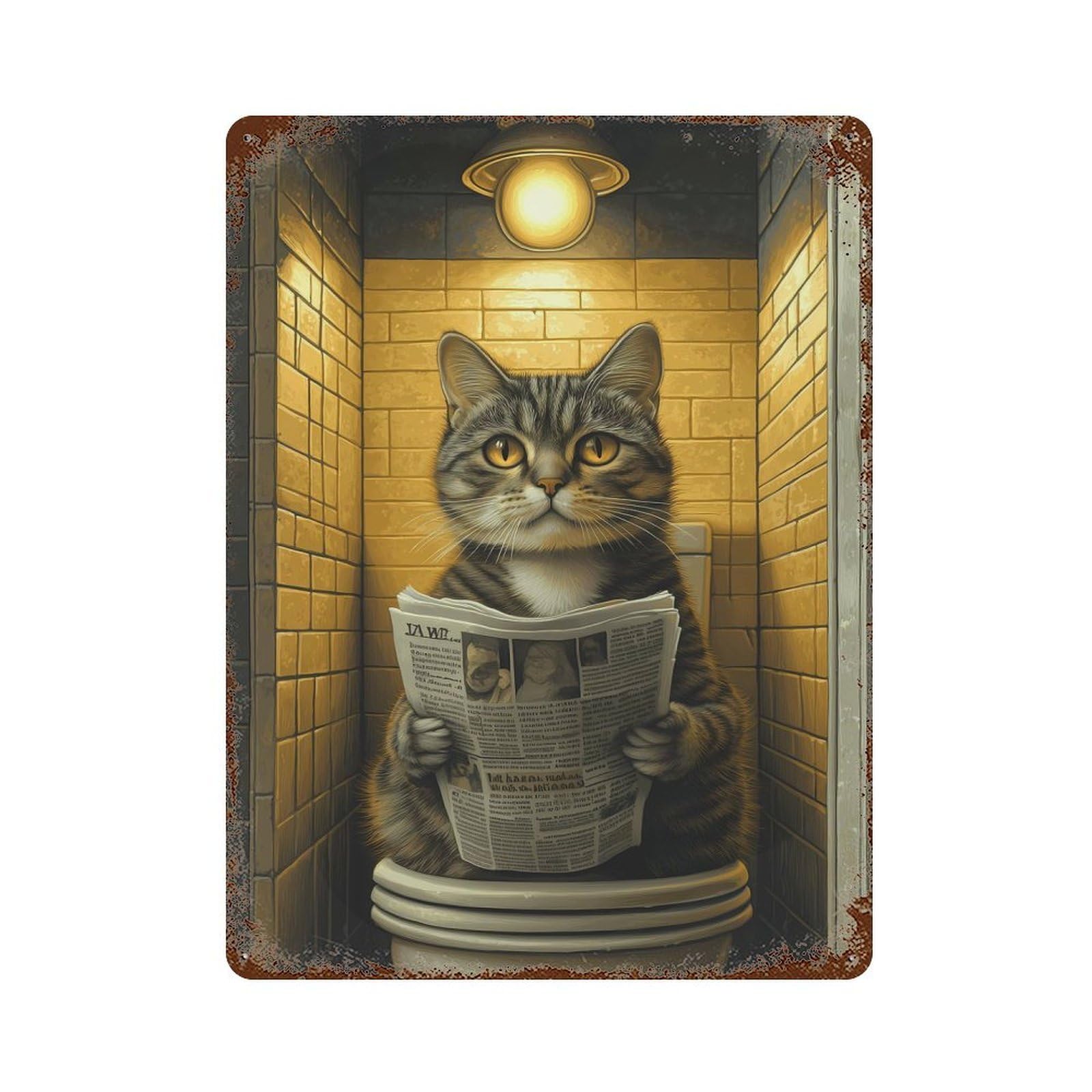 Cat Reading Newspaper on Toilet Rusty Metal Tin Sign 15.7"x11.8", Farmhouse Wall Decor for Farmhouse, Kitchen And Entryway Decor