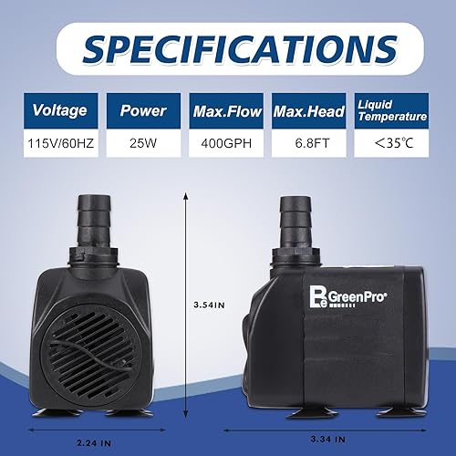 Miniatura 2 de Bomba de agua sumergible de 400 GPH, bomba de fuente ultra silenciosa ajustable de 25 W con 4 boquillas de elevación de 6.8 pies de alto para