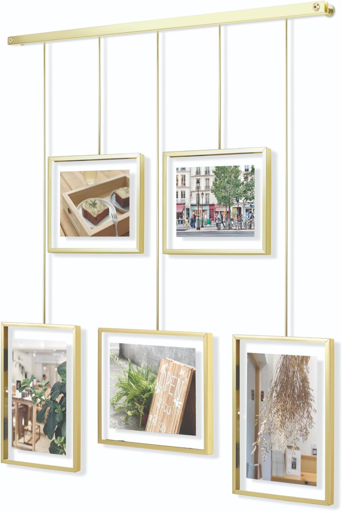 Umbra Exhibit Picture Frame Gallery Set Adjustable Collage Display for 5 Photos, Prints, Artwork & More (Holds Two 4 x 6 inch and Three 5 x 7 inch Images), Normal, Brass