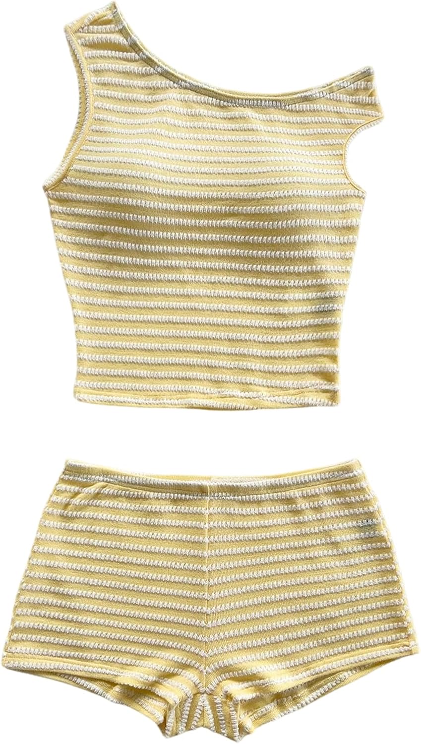 SOLY HUX Women's 2 Piece Striped Off The Shoulder Crop Tops and Mini Shorts Set Summer Y2K Going Out Outfits