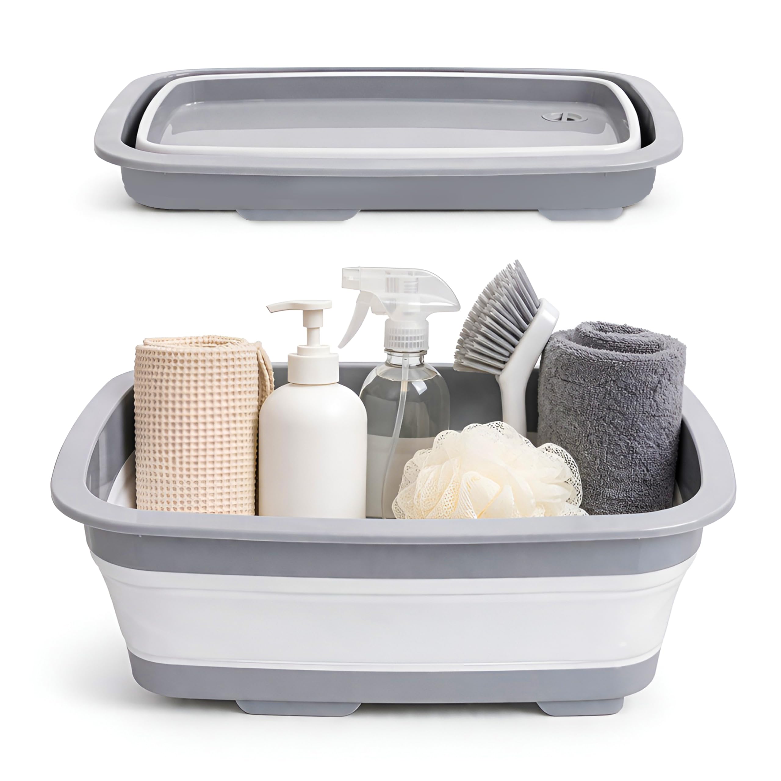 DIVCHI 9L Collapsible Laundry Basket Foldable Pop Up Storage Washing Organizer With Drain Outlet Plastic Space Saving Tub (Grey)