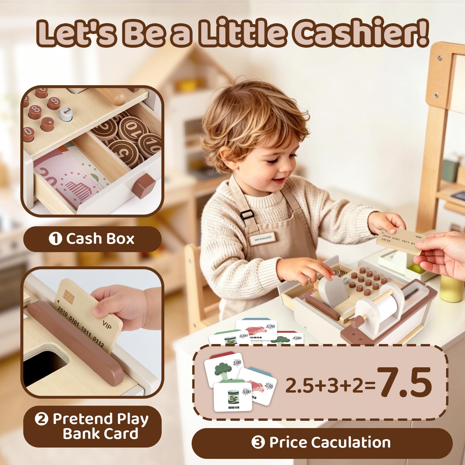 Airlab Kaufladen Zubehör Holz Kasse Spielzeug, Holzspielzeug Kasse Kinder, Kinderkasse mit Scanner Spielgeld, Spielkasse für Kinder, Registrierkasse Rollenspiel Geschenk Mädchen Jungen