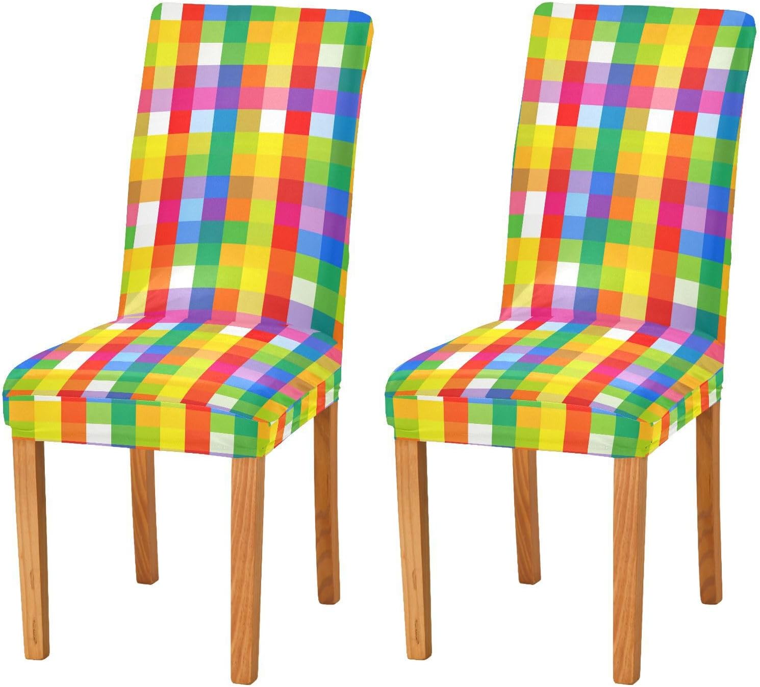 ALAZA Chair Covers for Dining Room, Cute Rainbow Color Plaid Stretch Chair Cover Sets Chair Protector Removable Washable for Ktichen Restaurant Hotel