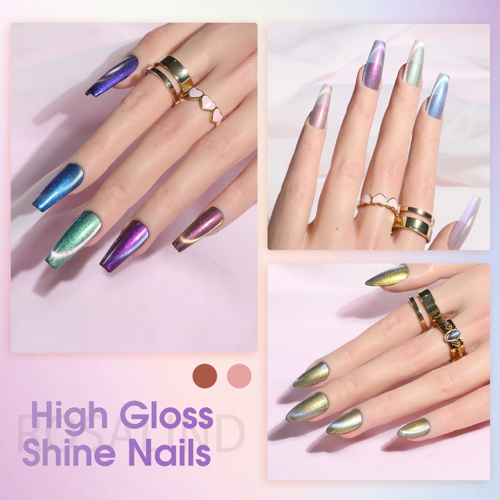 ROSALIND Zestaw lakierów do paznokci Aurora Cat Eye, 6 kolorów Fioletowy Niebieski Brązowy Zestaw żeli do paznokci Cat Eye z Manget, Soak off UV/LED długotrwały lakier żelowy Manicure dla kobiet