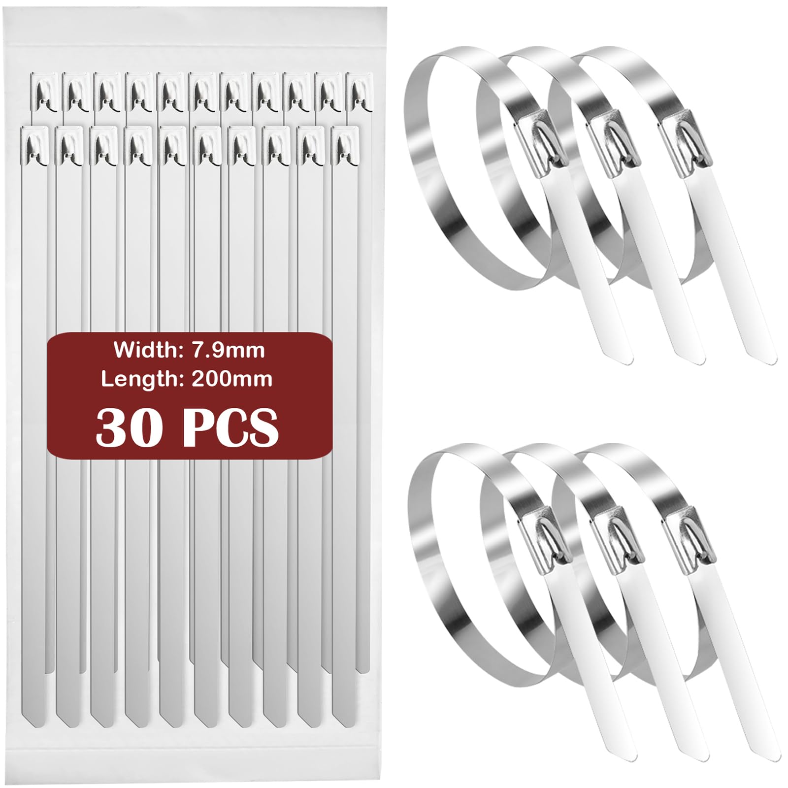 Fohirey 7.9×200mm Metal Cable Ties 30 Pcs, 304 Stainless Steel Zip Ties Silver Metal Tie Wraps