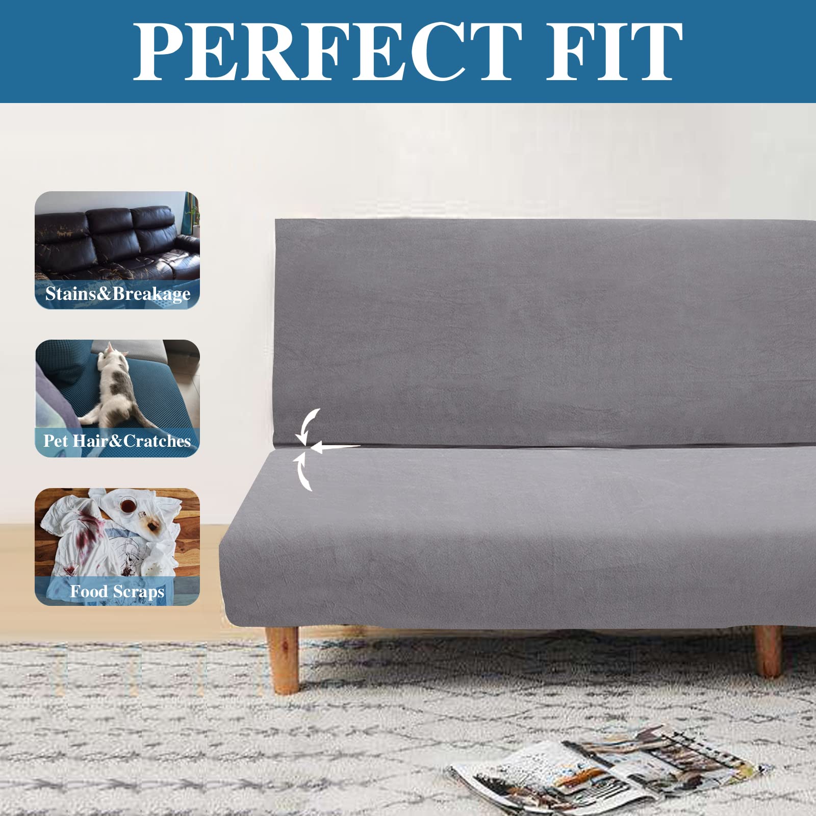 Jaotto Copridivano 2/3 Posti Senza Braccioli Elasticizzato,Fodere Copridivano Letto Antigraffio Lavabile Rimovibile,Copridivano Clic Clac Elastico Pieghevole Antiscivolo Casa Soggiorno,Grigio Argento