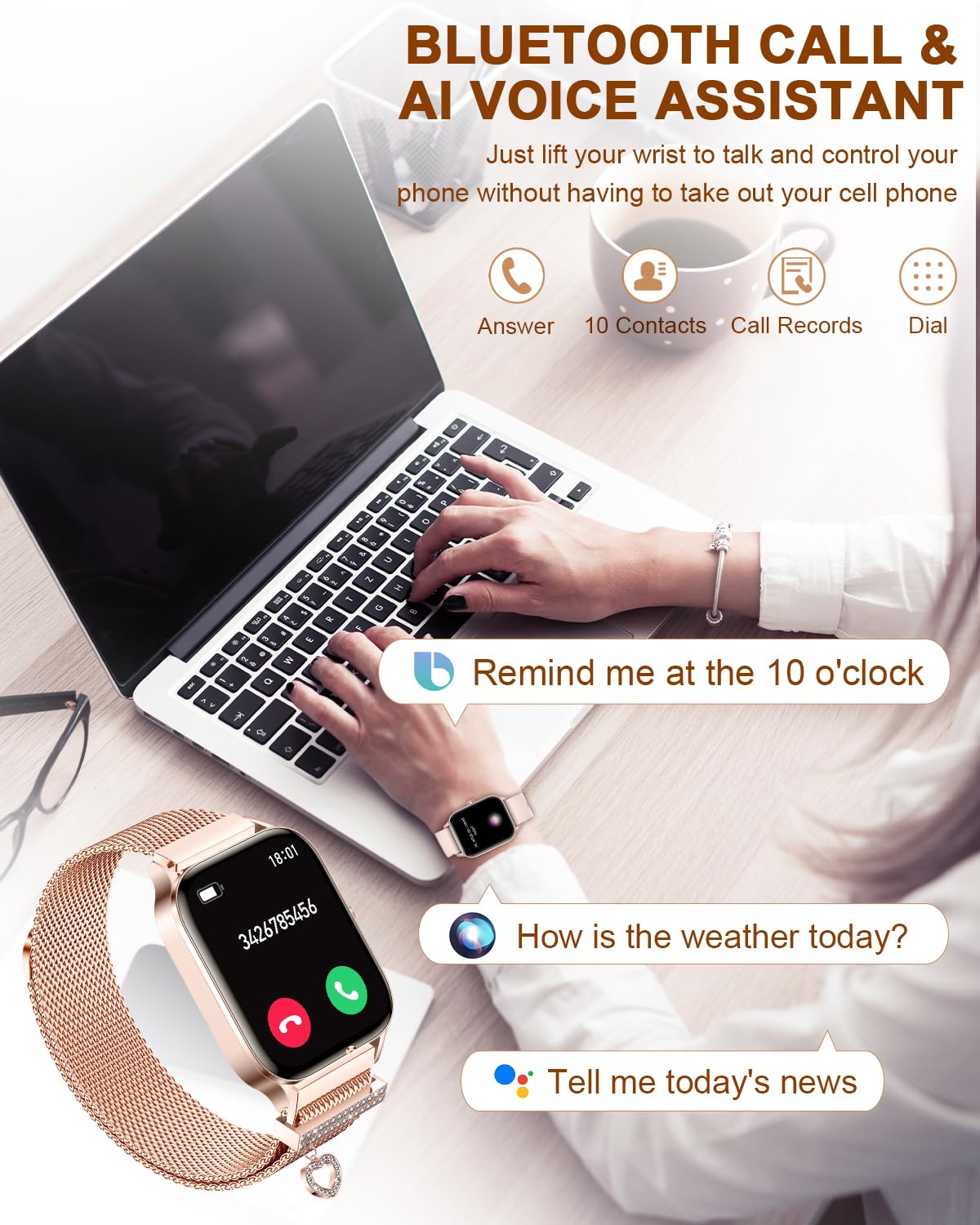Reloj Inteligente Mujer con Llamadas Bluetooth 4 Correas Smartwatch Mujer Podómetro Sueño Pulsera Pulsómetro Actividad con 100+ Deportivos Función Femenina Smart Watch para Android iOS, Orse gold