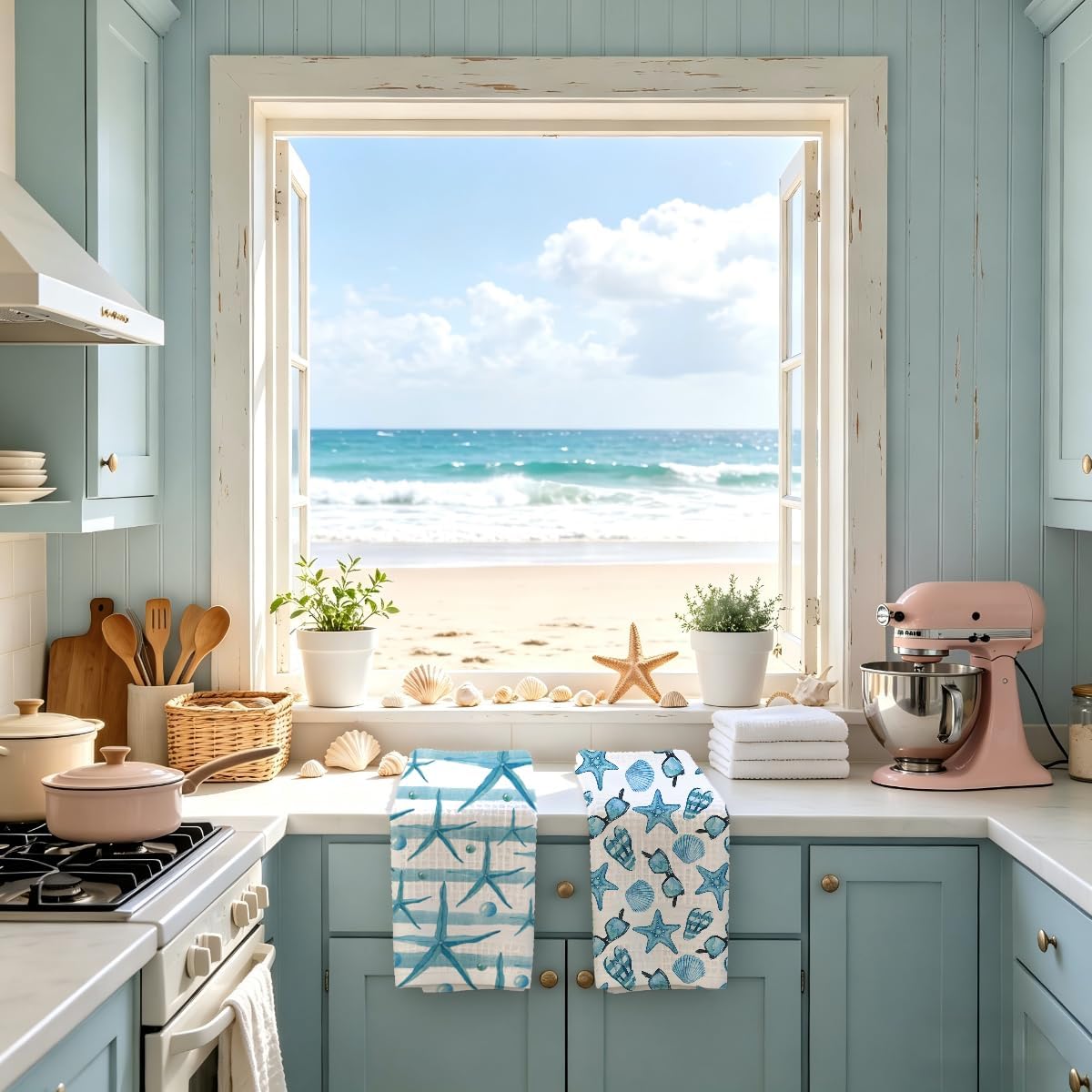 Summer Coastal Kitchen Towels, Summer Kitchen Bathroom Decor, Housewarming Gifts, Starfish Seashell Waffle Decorative Dish Hand Towel for Holiday Home Bathroom Bar Baking Set of 2 image 2