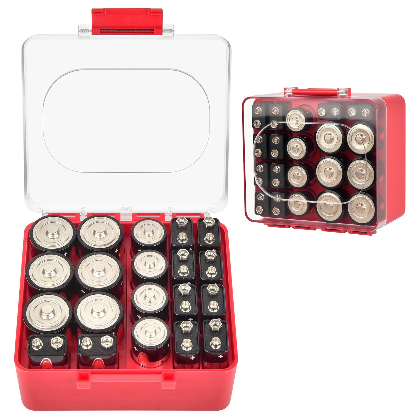 FULLCASE Battery Storage Organizer Box, Holder Container for 56 AA Batteries, Plastic Home Batteries Variety Pack Protective Organization(Case Only) Red — view 14