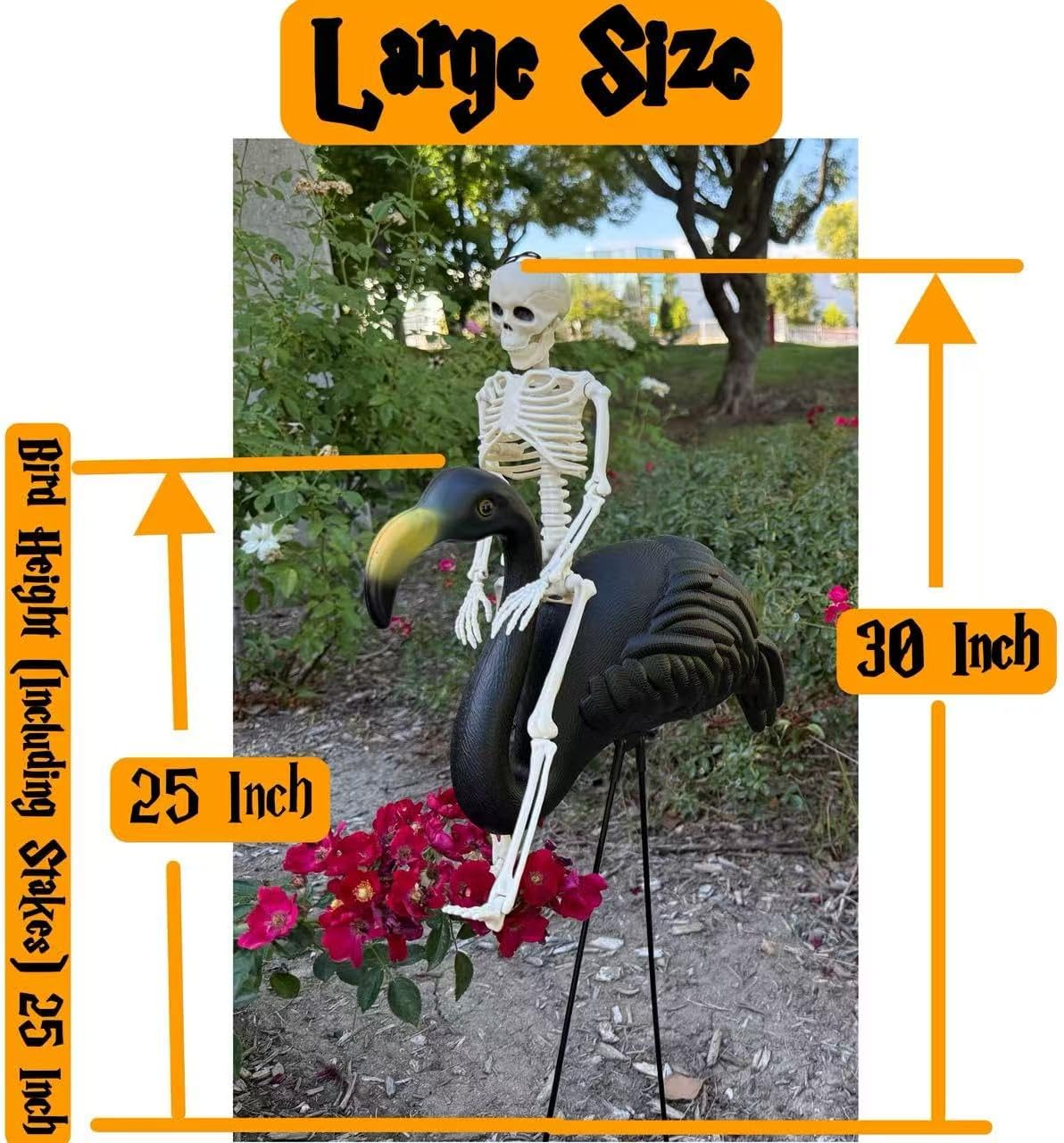 GiftExpress 2-Pack Large Black Flamingo Decor with 2-Pack 16" Posable Skeletons - Halloween Tropical Outdoor Yard Decorations, Spooky Graveyard Lawn & Porch Bird Statues