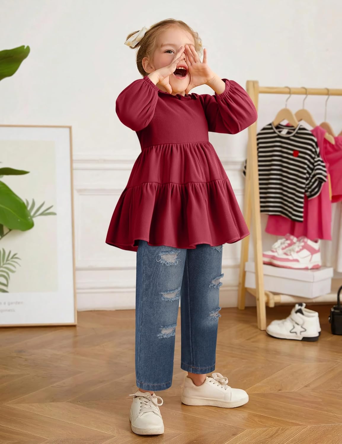 Sinda Toddler Girl Clothes Ruffle Tops and Ripped Jeans Pant Sets Cute Girls Outfits for Fall Winter 2-7 Years - Image 3