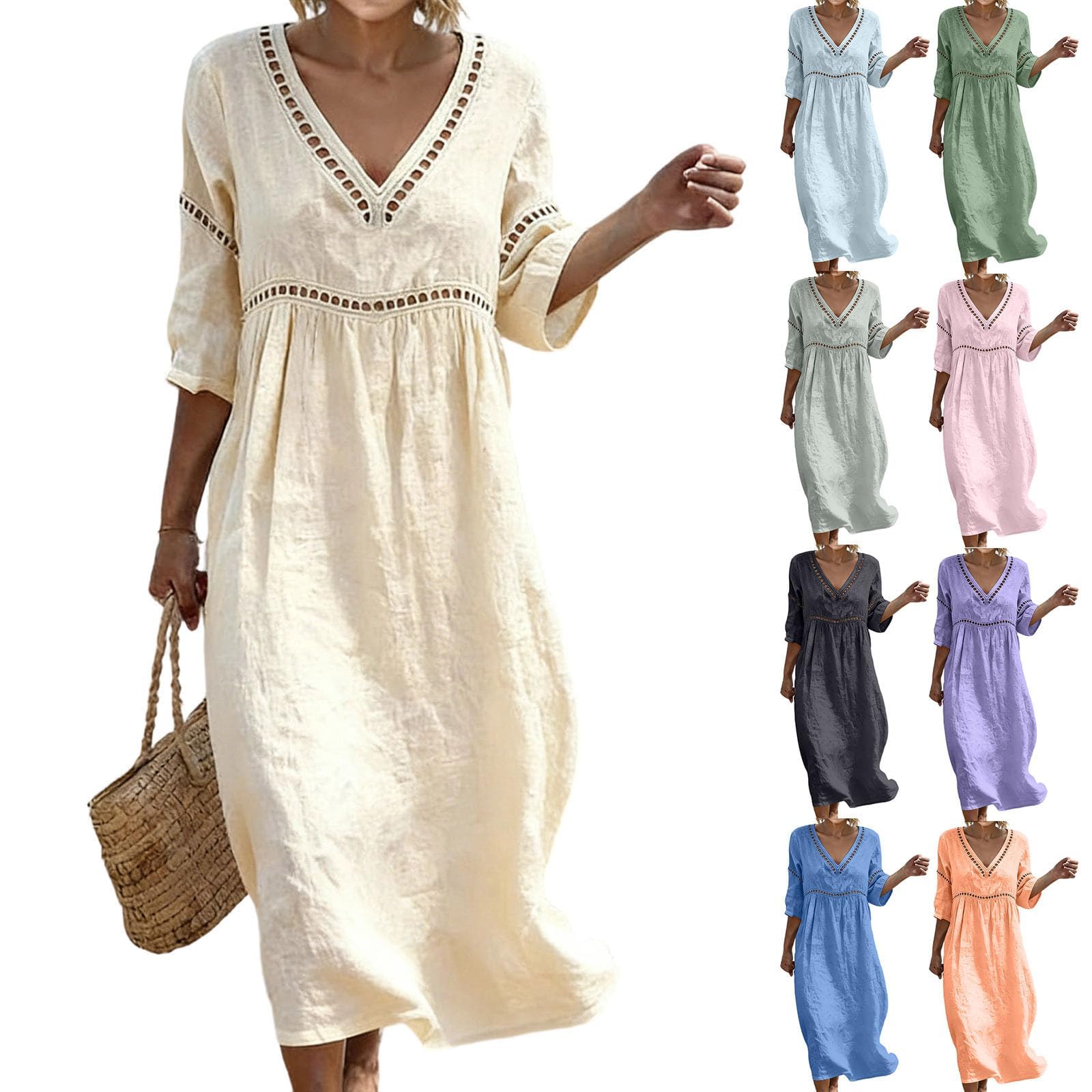 Robe Femme Été Longue Robe en Lin Coton Vêtement Femme Chic Robe Tunique Ample Col V Broderie Robe de Plage Bohème Manches 3/4 Légère Fluide Hippie Rétro Casual