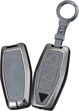 4 Button Key Fob Cover Fit for Mitsubishi Outlander Smart Keyless Auto Key Compatible with Mitsubishi Outlander 3 2023 2022 Accessories Alloy Key Case&Smooth Leather Cover-Round Keychain