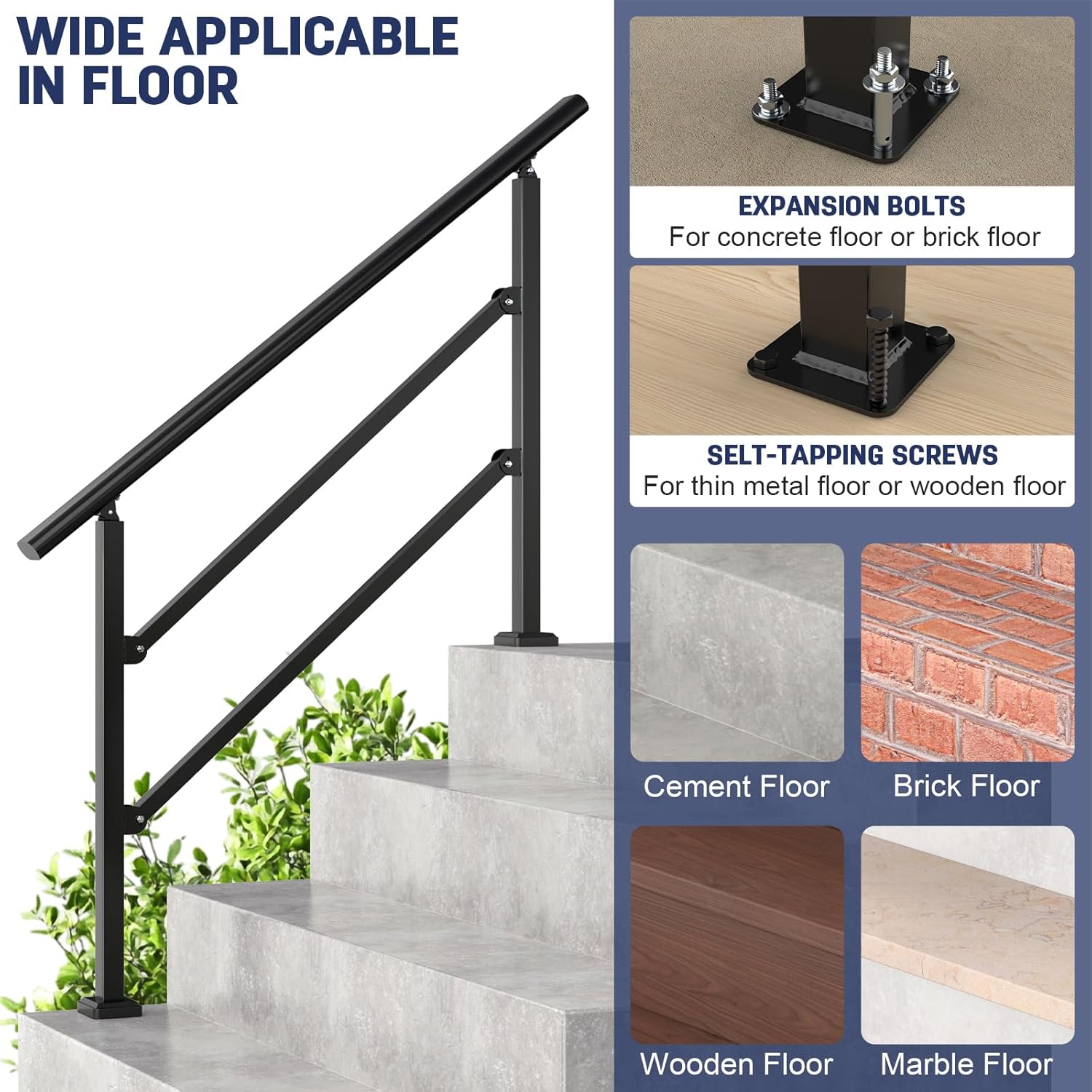 2 Pack Handrails for Outdoor Steps, Wrought Iron Black Stair Railing Kits & Hand Rails for Indoor Stairs for Porch, Concrete, Wood&Brick(Fit 1-4 Steps), Metal Railing for Stairs & Stair Railing Indoor