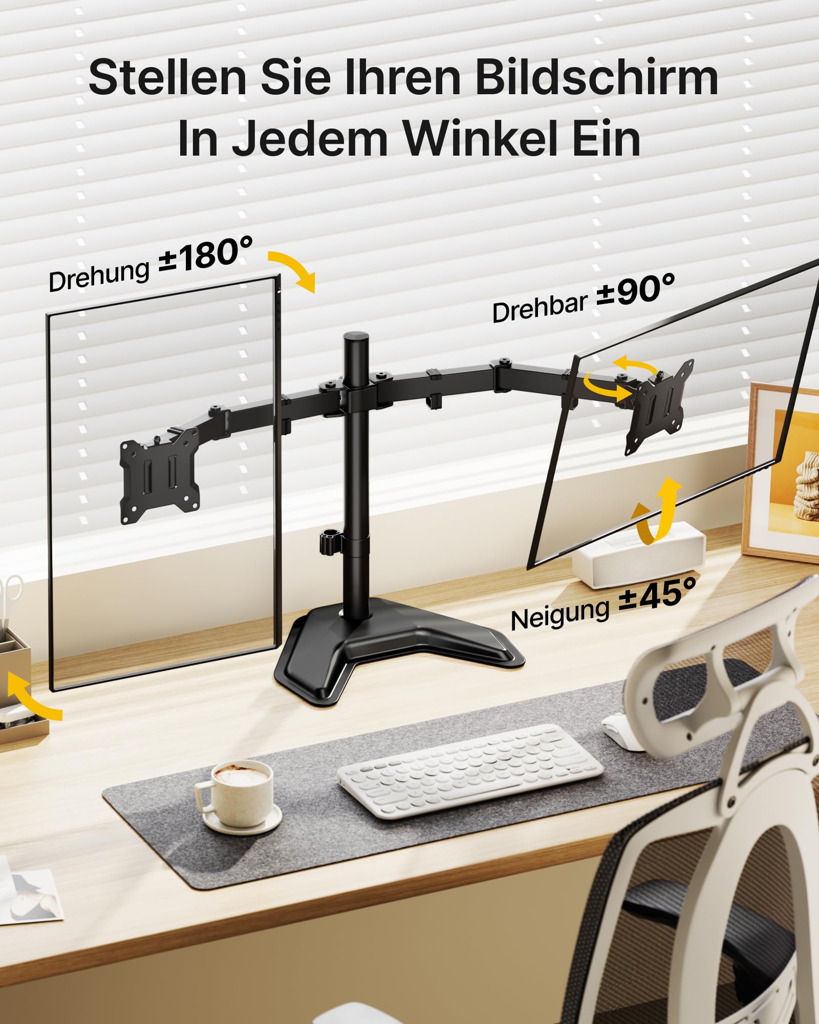 monTEK Monitor Halterung 2 Monitore für 17-32 Zoll Bildschirm, Robuster Schreibtischständer mit 10 kg Tragkraft pro Arm mit Freistehender Sockel, VESA 75/100mm