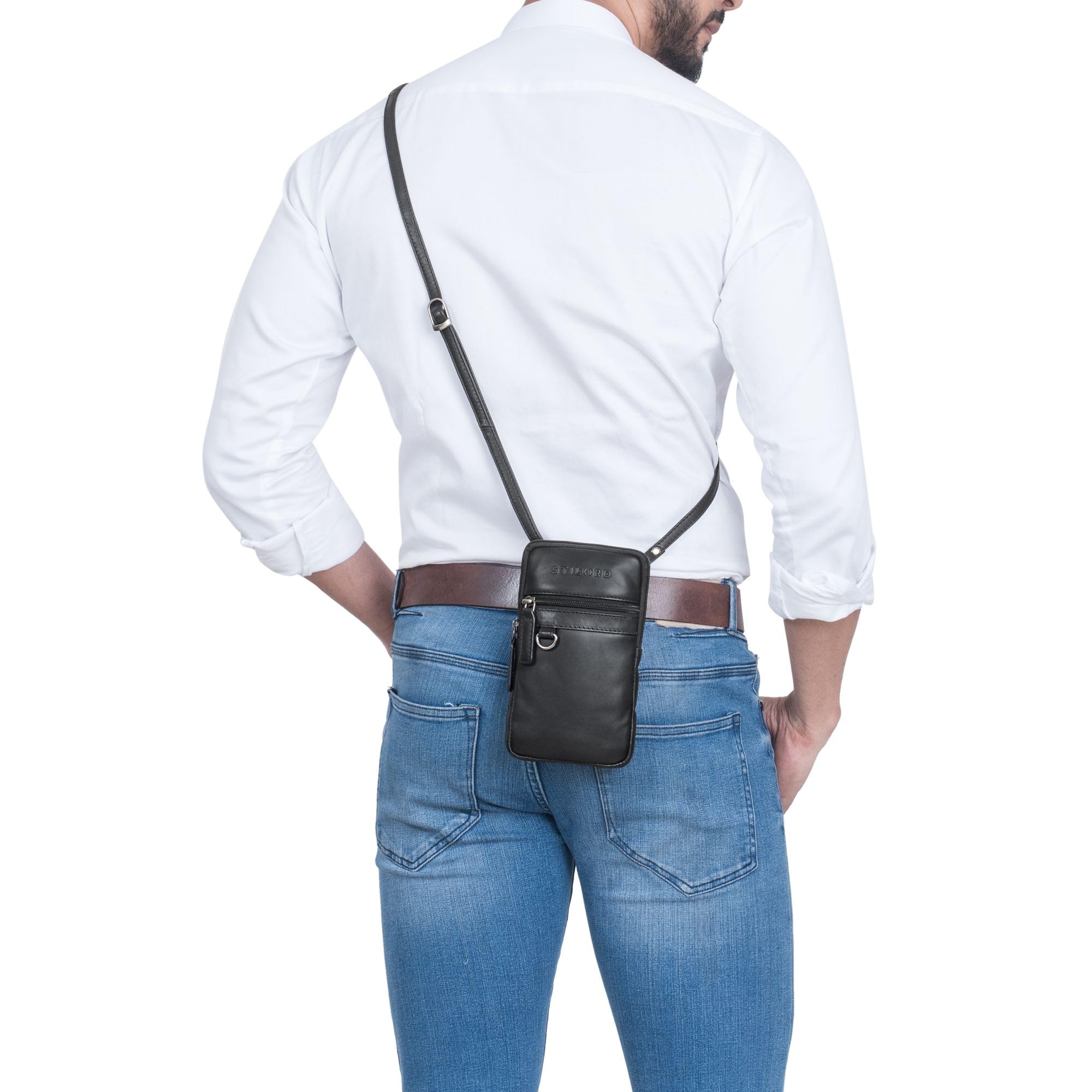 STILORD Mauve Stylische 2 in 1 Hüfttasche Herren Leder - Multifunktionale Umhängetasche mit Gürtelschlaufe Bauchtasche Echtleder Handy-Tasche 7 Zoll Gürteltasche Farbe:schwarz