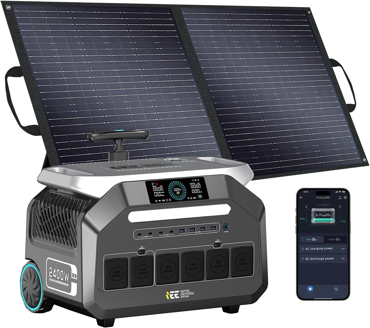 IEE 2400W (5000W Peak) Portable Power Station P2400 with 100W Solar Panel, 2048Wh Solar Generator, 1800W AC Charging, AC Outlets x 4, LiFePO4 Battery Power Station for Home Use, Power Outage, RV