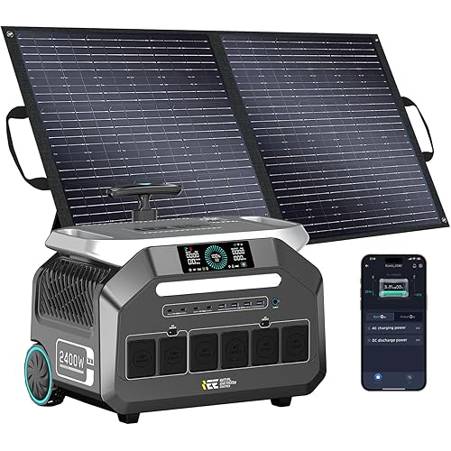 IEE 2400W Solar Generator with pull rod,2048Wh Portable Power Station P2400 With 100W Solar Panel, 4 * 2400w AC Output (5000W Surge),LiFePO4 Battery Power Station for Home Backup, Camping