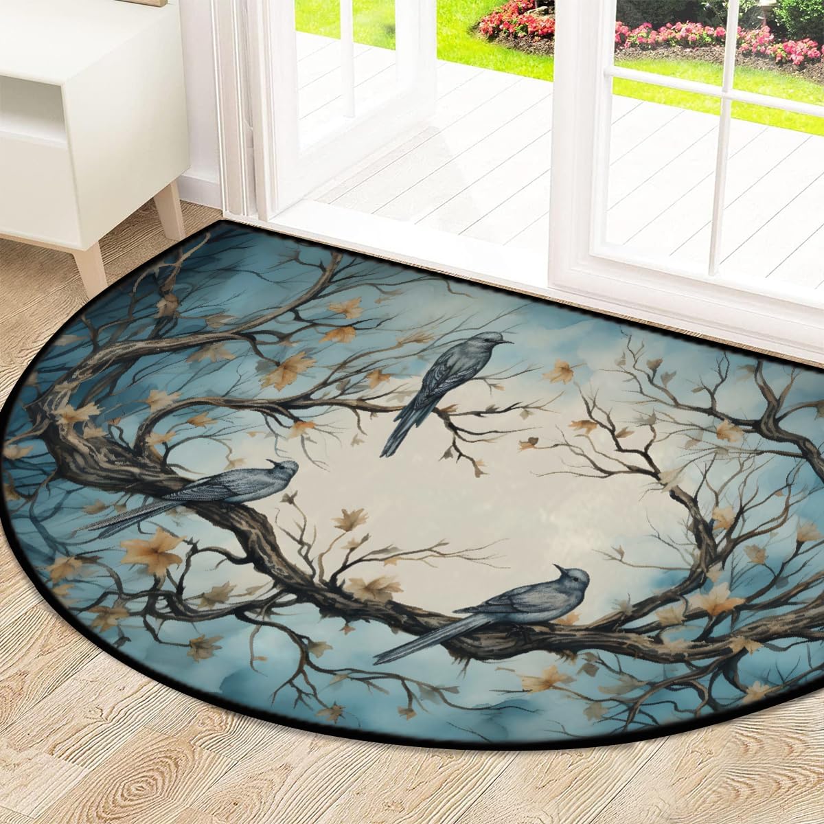 Mexpekil Paillasson demi-rond antidérapant lavable en demi-lune avec motif de branches d'arbre et d'oiseaux, pour intérieur et extérieur, 100 x 160 cm