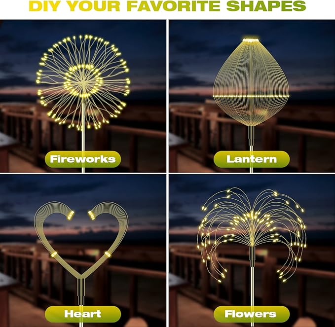 Liyade 2 stuks stekers op zonne-energie, tuinverlichting, 120 led vuurwerkverlichting op zonne-energie, 8 modi, tuinsteker, paardebloemlampen op zonne-energie voor buiten, tuin, gazon, (warm wit) photo 3