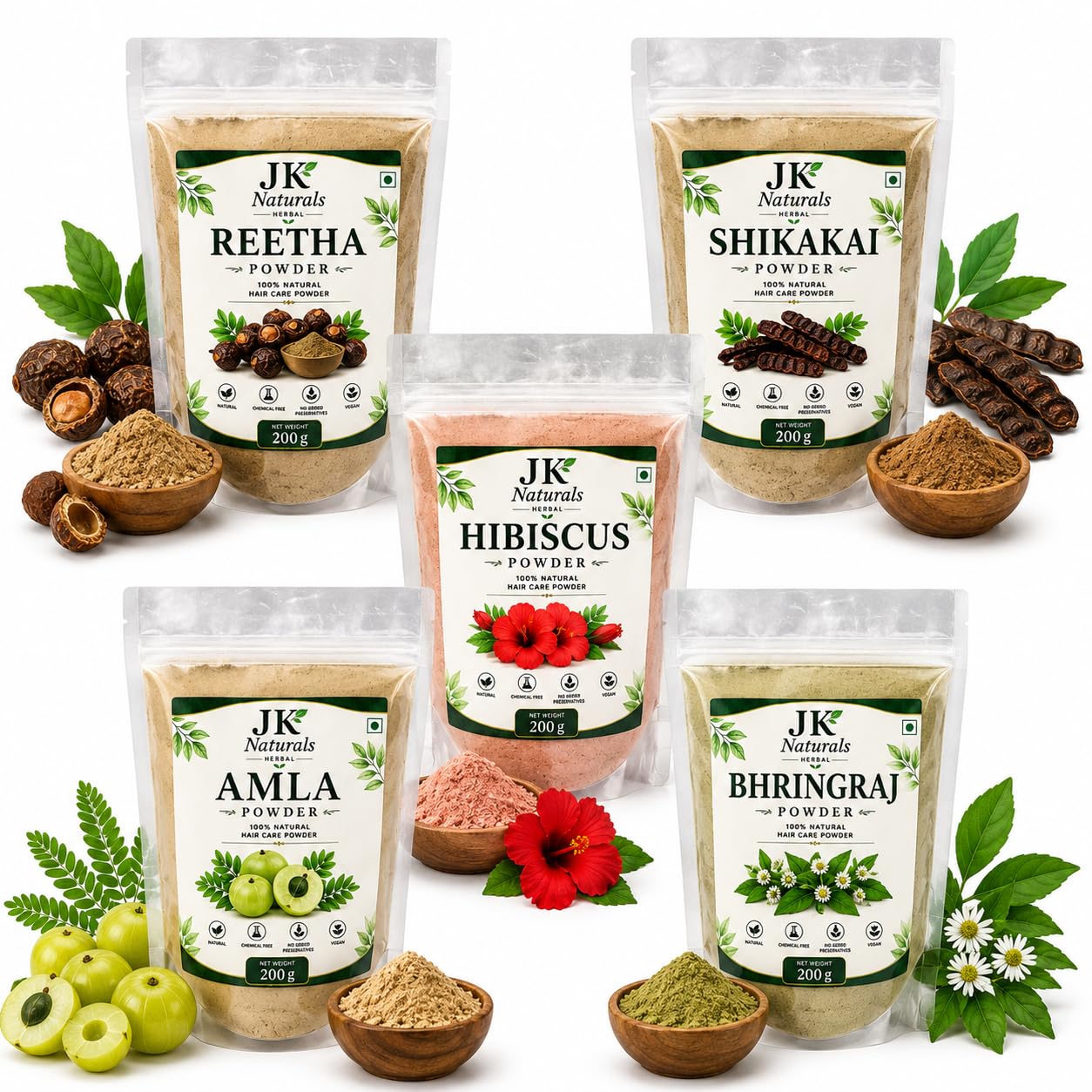 JK Naturals Complete Hair Care Combo pack 1000g Amla Reetha Shikakai Hibiscus Bhringraj (Each pack 200g×5)-image-5