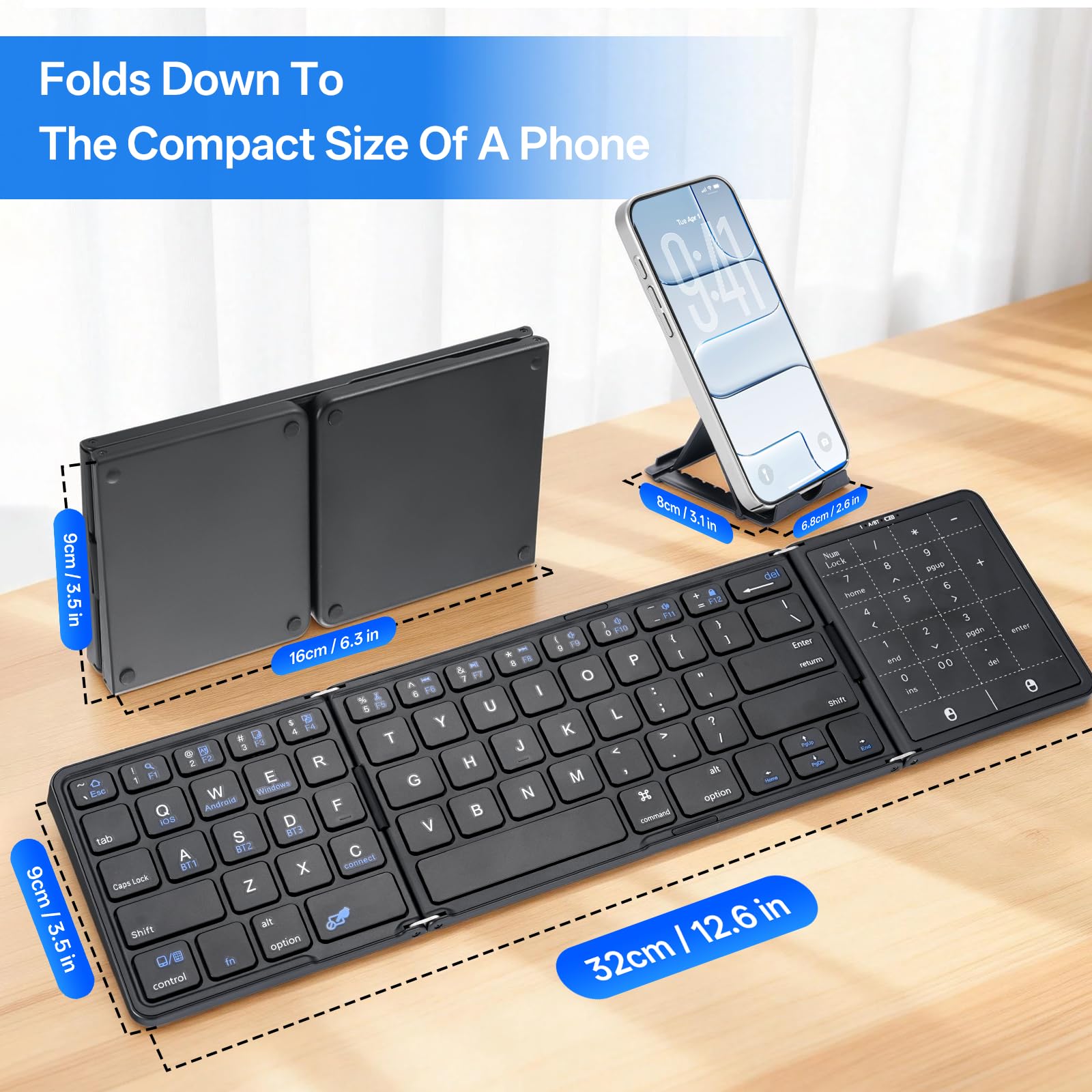 Tastiera Pieghevole con touchpad, Mini Tastiera Wireless Bluetooth Silenziosa con tastierino numerico, Tastiera Portatile Ricaricabile per Android, Windows e iOS telefoni, QWERTY