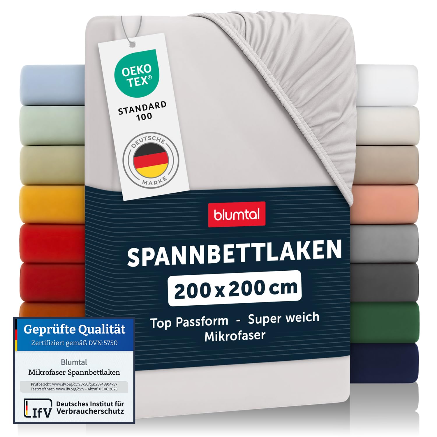 Blumtal® Spannbettlaken 200x200x30cm aus Microfaser - Oekotex zertifiziertes Bettlaken Spannbettlaken in Moonlight Grey - Grau
