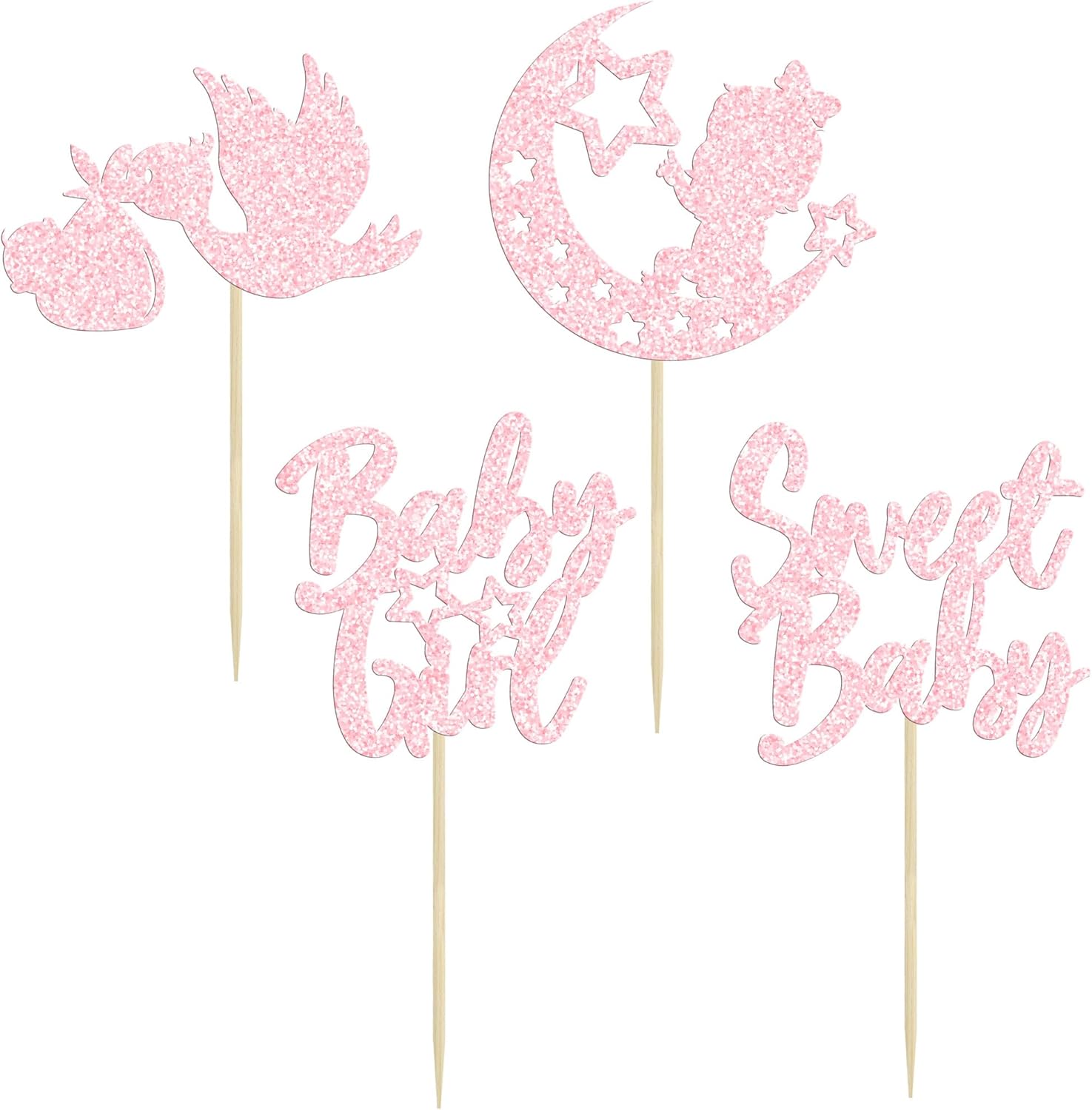 24Pcs Sweet Baby Girl Cupcake Toppers Moon Star Light Pink Glitter Baby Shower Cupcake Picks Decorations for Gender Reveal Baby Shower Kids Girls Birthday Party Supplies - Image 3