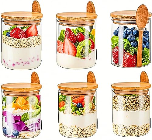 Paquete de 6 tarros de vidrio con tapas de bambú, recipientes de vidrio de 18.5 onzas con tapa de bambú hermética, tarros de avena 100% sellados