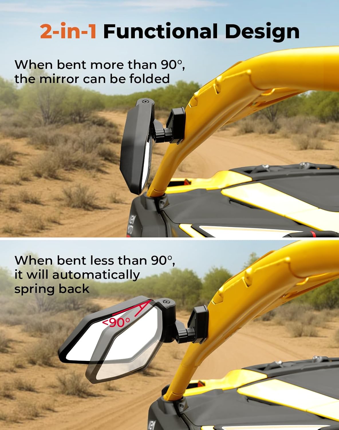 KEMIMOTO UTV Side Mirrors Automatic Folding and Resetting in The Event of Collision Compatible with Can Am Maverick R and R Max X/X RS/X RS with Smart-Shox 2024 2025, Shatterproof Glass