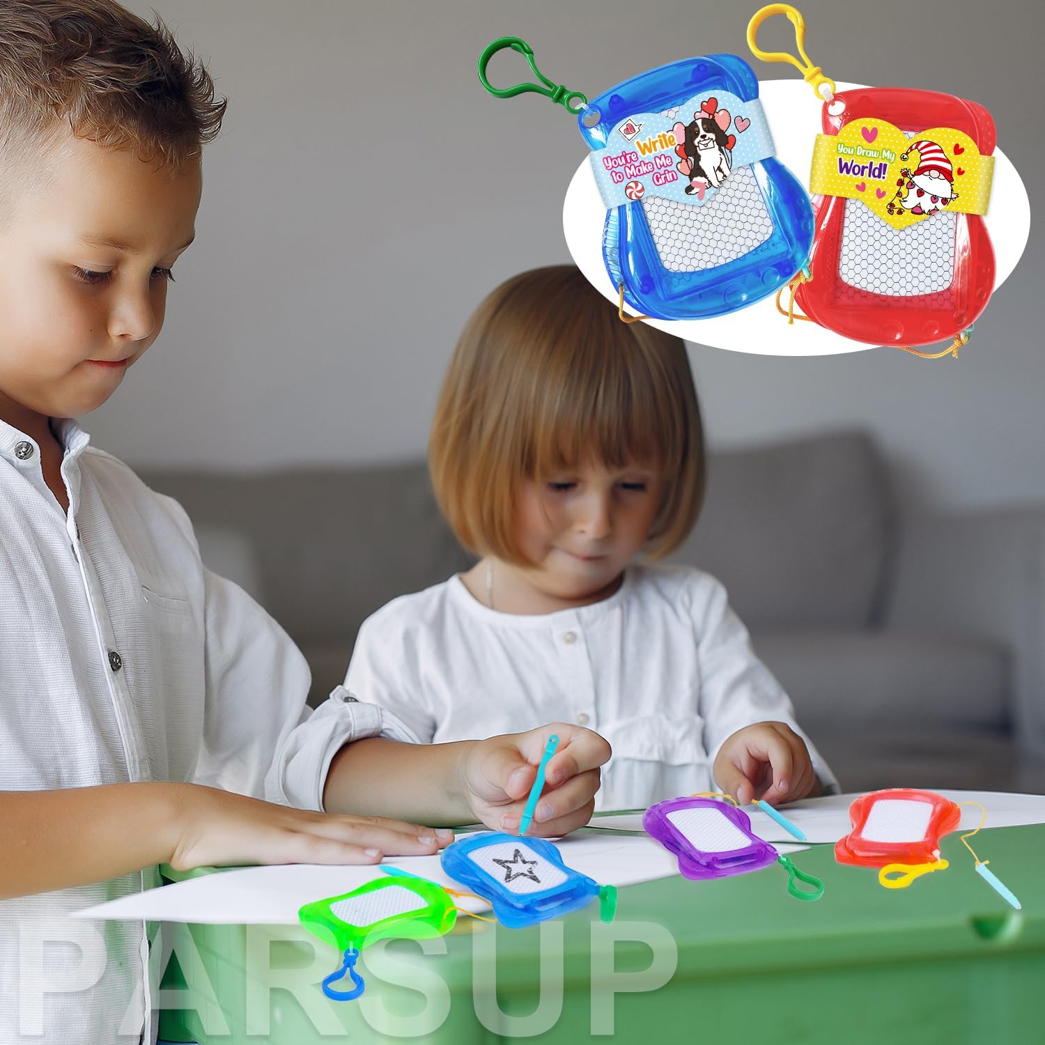 PARSUP 12 pack Valentines Card with Mini Magnetic Drawing Board keychain for backpack Erasable Sketch Valentines Day Gift bulk Classroom Rewards party favors Goodie basket Stuffers
