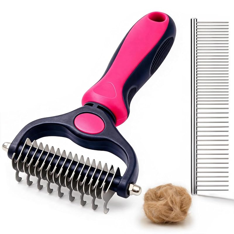 Pente desembaraçador para cães e gatos com rastelo dupla face Vecefy, kit com 2 peças Rose Red