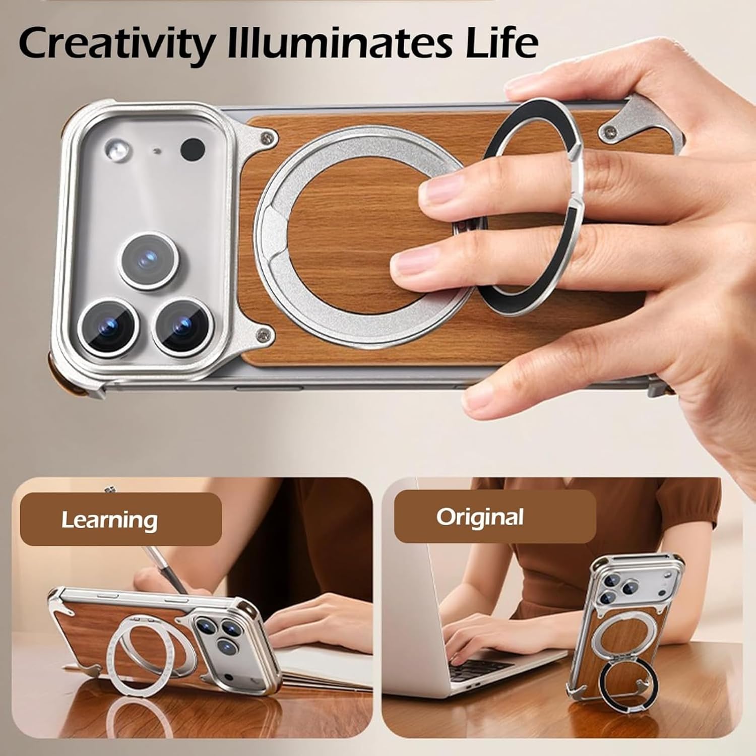 Case for iPhone 17 Pro, Walnut Wood Back Aluminum Bezel Less Design Hidden Ring Stand Magnetic Charger Alignment Shockproof Corners, Orange