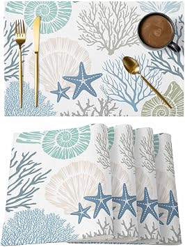 Coastal Placemats Set of 6, Summer Beach Blue Teal Coral Placemats for Dining Table, Nautical Seaside Starfish Cotton and Linen Table Mats Washable for Kitchen, Party, Wedding, 13x19 Inches
