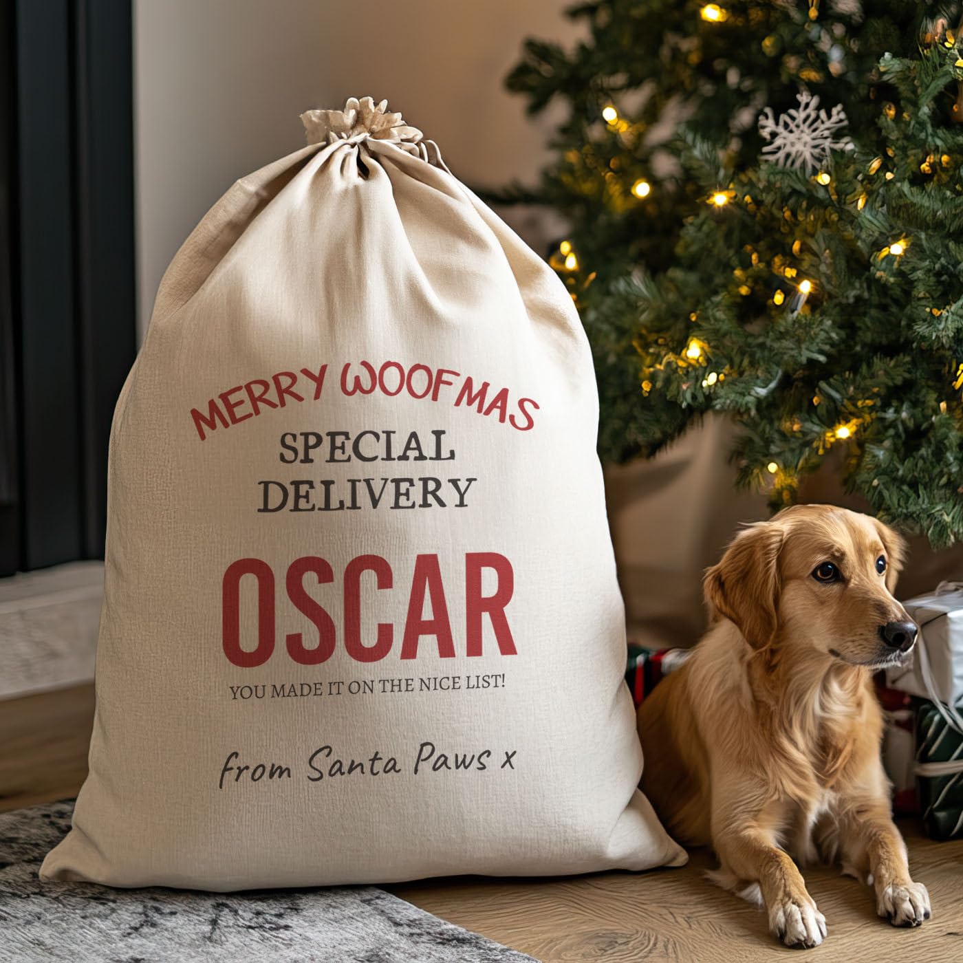 The Gift Project Biege Personalised Name Merry Woofmas Nice List Santa Sack - Christmas Santa Sack