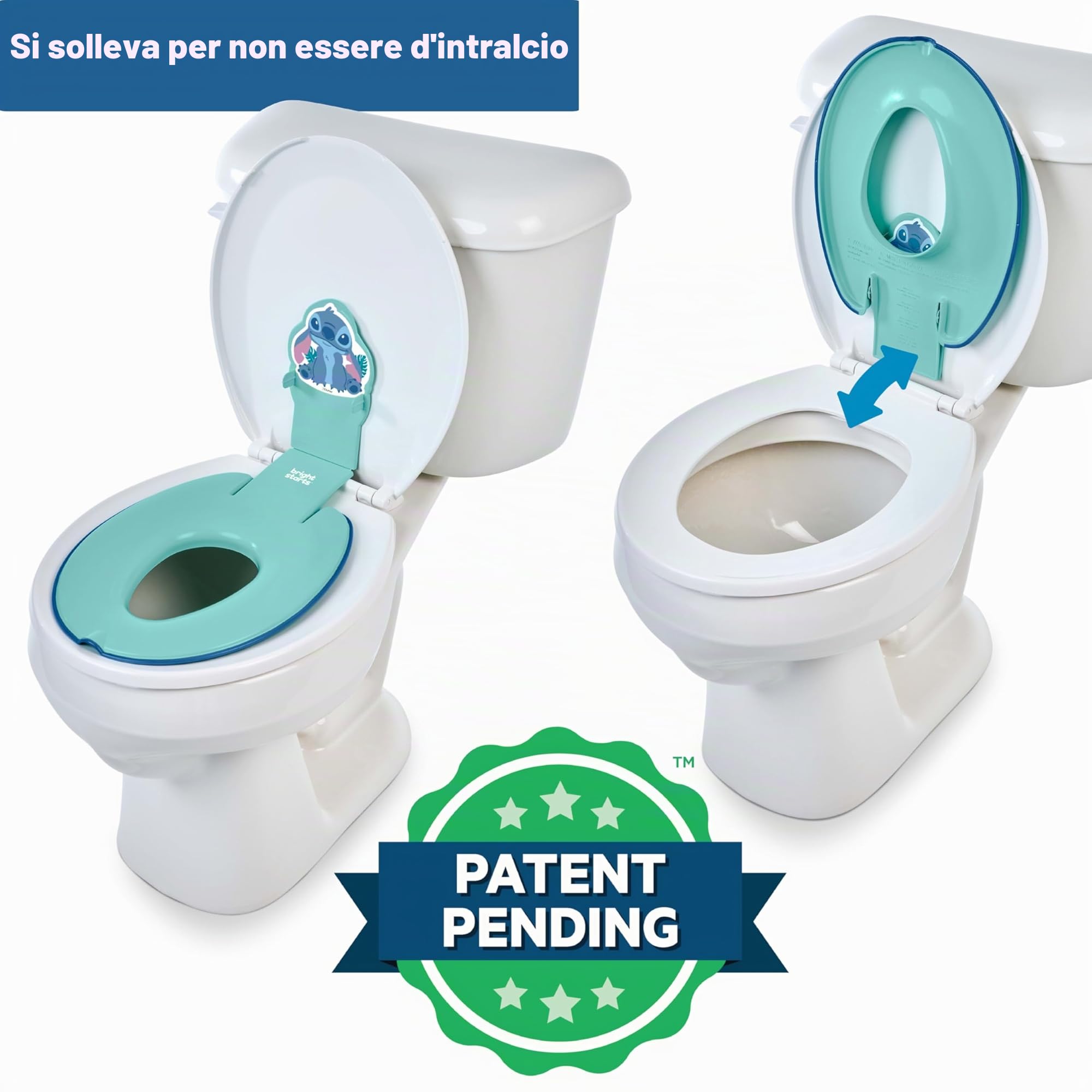 Bright Starts, Disney Baby Stitch Flip & Sit Riduttore WC Bambini, Sedile WC Sicuro con Maniglie Antiscivolo, Facile da Montare, Da 18 Mesi, Blu