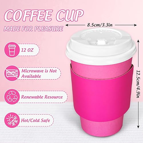 Miniatura 2 de JarThenaAMCS 50 tazas de café desechables de color rosa intenso con tapas y fundas a granel de 12 onzas, tazas de papel aisladas para llevar para