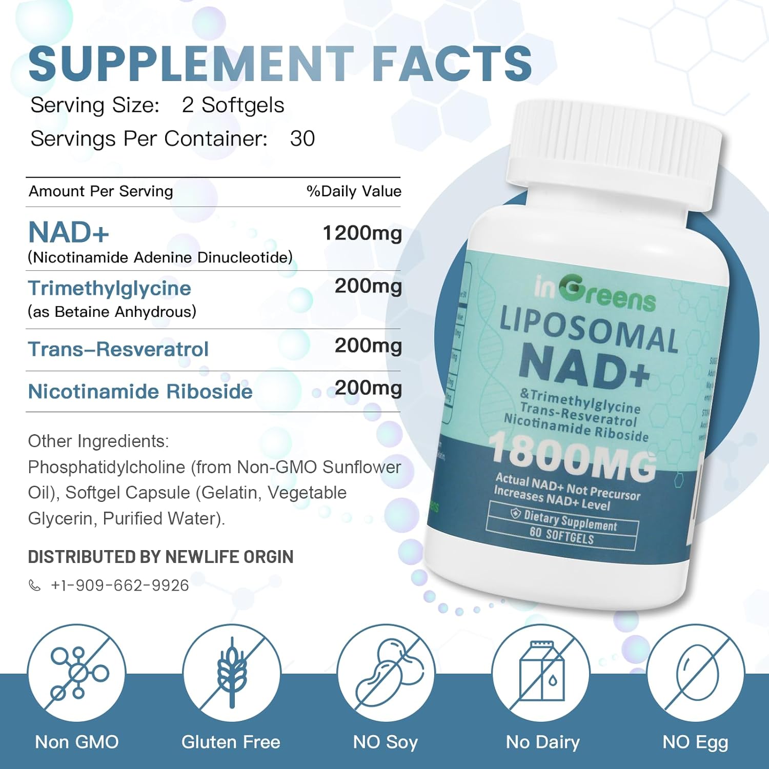 inGreens Liposomal NAD+ Supplement 1800 mg with Nicotinamide Riboside, Trans Resveratrol, Trimethylglycine，Replaces NMN, Boost NAD+, Aging Defense，Cellular Energy, 120 Softgels