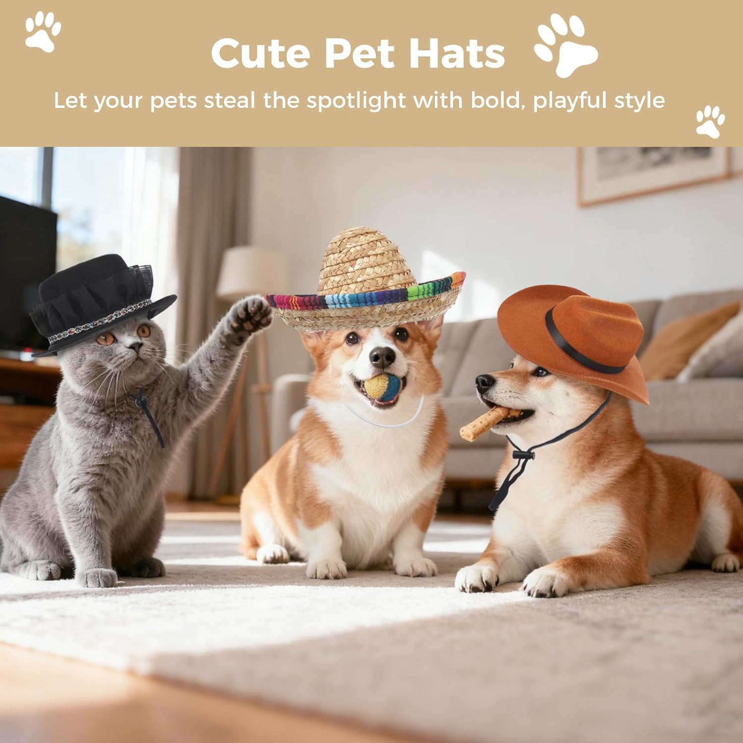 Pet Costume Hats, 3 Pcs: Top Hat, Cowboy Hat & Sombrero, Adjustable Strap, Party Accessory