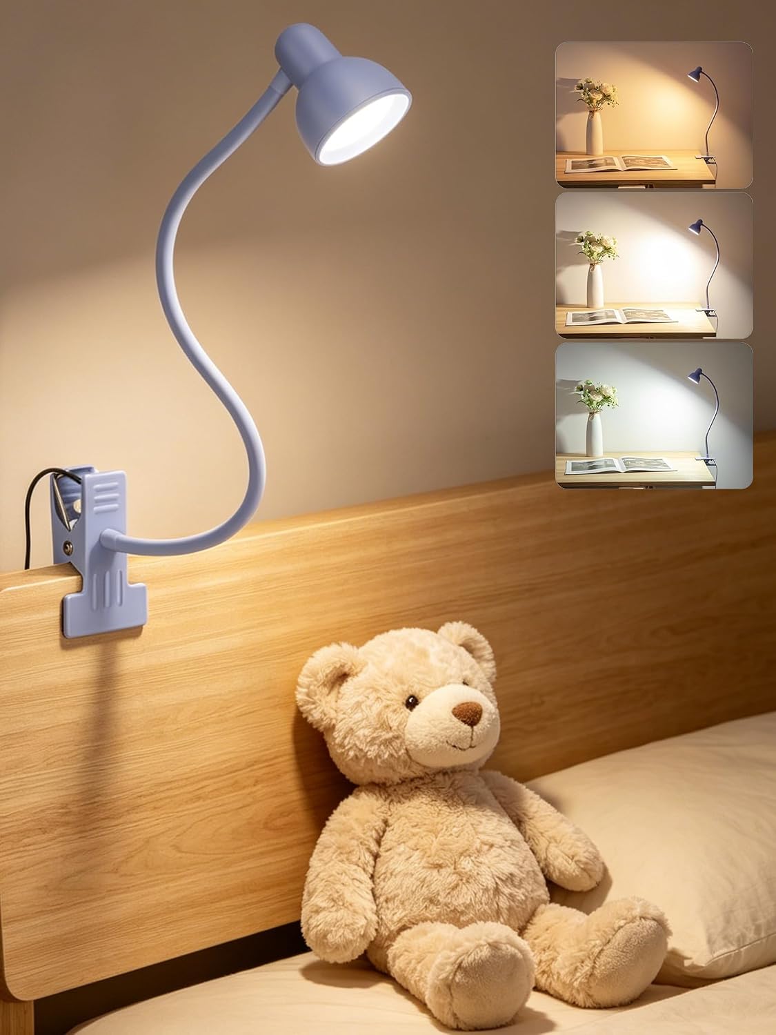 Clip on Lamp USB Reading Light, 3 Color Modes Purple