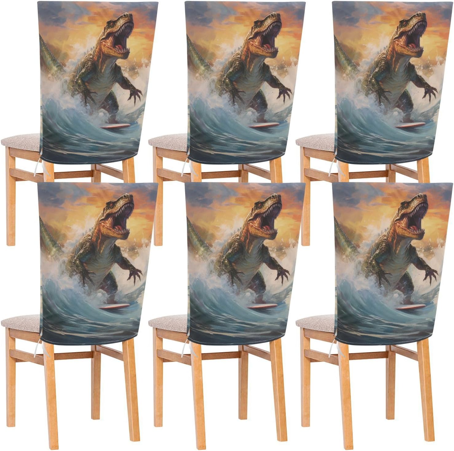ALAZA Surfing Dinosaur Sunset Chair Back Cover Set of 6, Washable Reusable Removable Chair Slipcovers Decorative Chair Cover for Home Kitchen Wedding Party
