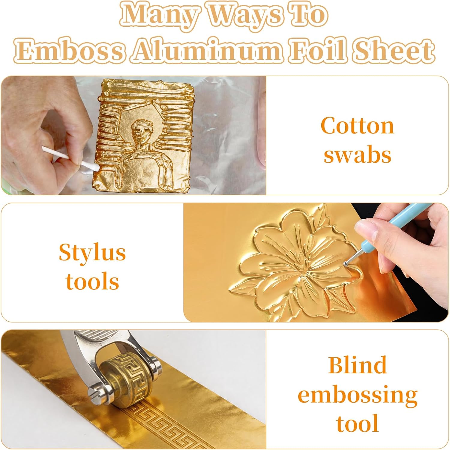 Aemygo 150 Pcs Aluminum Foil Sheets for DIY Crafts, 6 inch Heavy Duty Metal Embossing Sheet with Stylus Tools, Gold Square Tin Foil for DIY Painting and Embossing