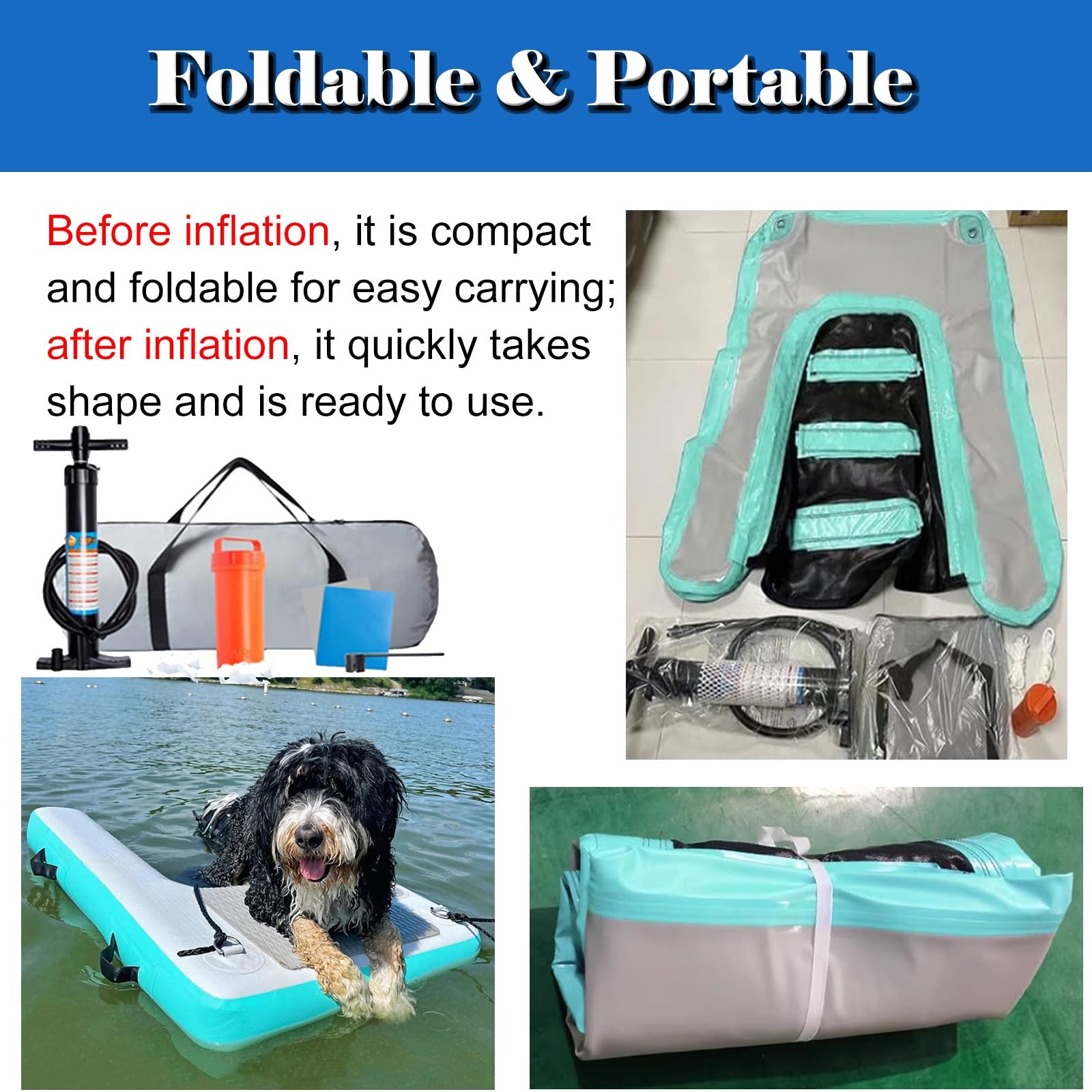 Escalera antideslizante para perros en piscina Plataforma de agua inflable para mascotas de hasta 105 kg, rampa de piscina de seguridad para perros con bomba, bolsa de almacenamiento, cuerda y kit de
