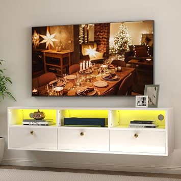 Floating TV Unit White, 130cm Wall Mounted TV Cabinet with RGB LED Lights