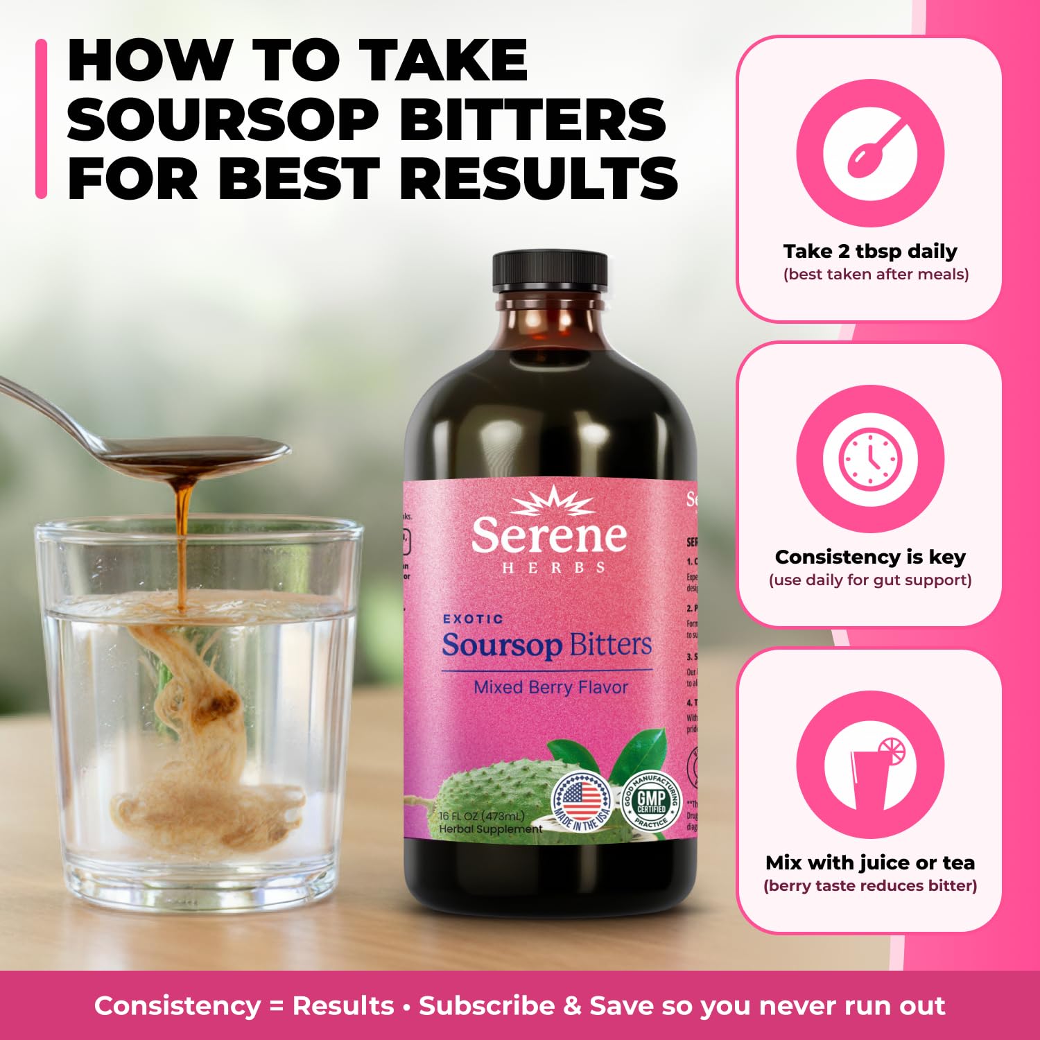 Serene Herbs Soursop Bitters Liquid with Soursop Leaves for Gut Cleanse, Detox & Immune Boost with Black Seed, Moringa, Irish Moss, Ashwaganda, Turmeric,(16 Fl Oz (Pack of 1), Mixed Berry) — Amazon image 4