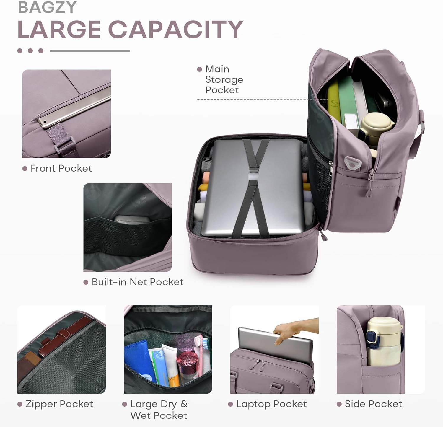 40x30x15cm Personal Item Travel Bag Expandable 40x30x25cm Gym Bag Lightweight Duffle Bag Mens Weekender Bags for Women with Wet Pocket for Overnight Hospital Carry on Bags for Airplanes Purple - Image 6