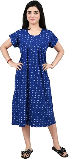 MIAVII Women's Comfortable Printed Hosiery Zipper Short Night Dress/Nighties/Maxi/Sleepwear/Night Wear Dress